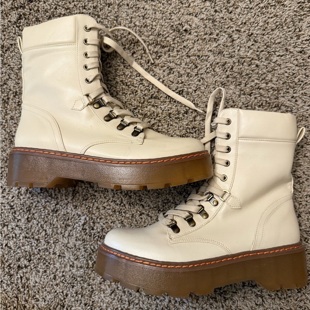 Cream Lace-Up Ankle Boots